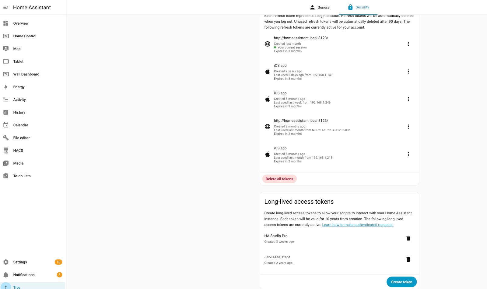 Home Assistant Long-Lived Access Tokens section